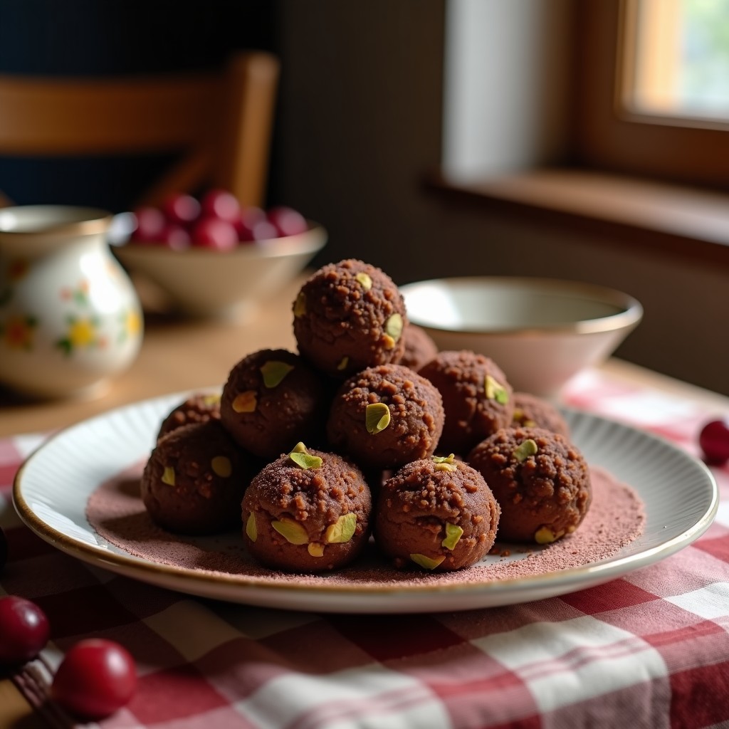 Bolitas de pistacho y arándanos bañadas en chocolate negro 85%, con trozos de pistacho tostado por encima, dispuestas en una bandeja de madera sobre papel vegetal, postre crudivegano rico en antioxidantes.