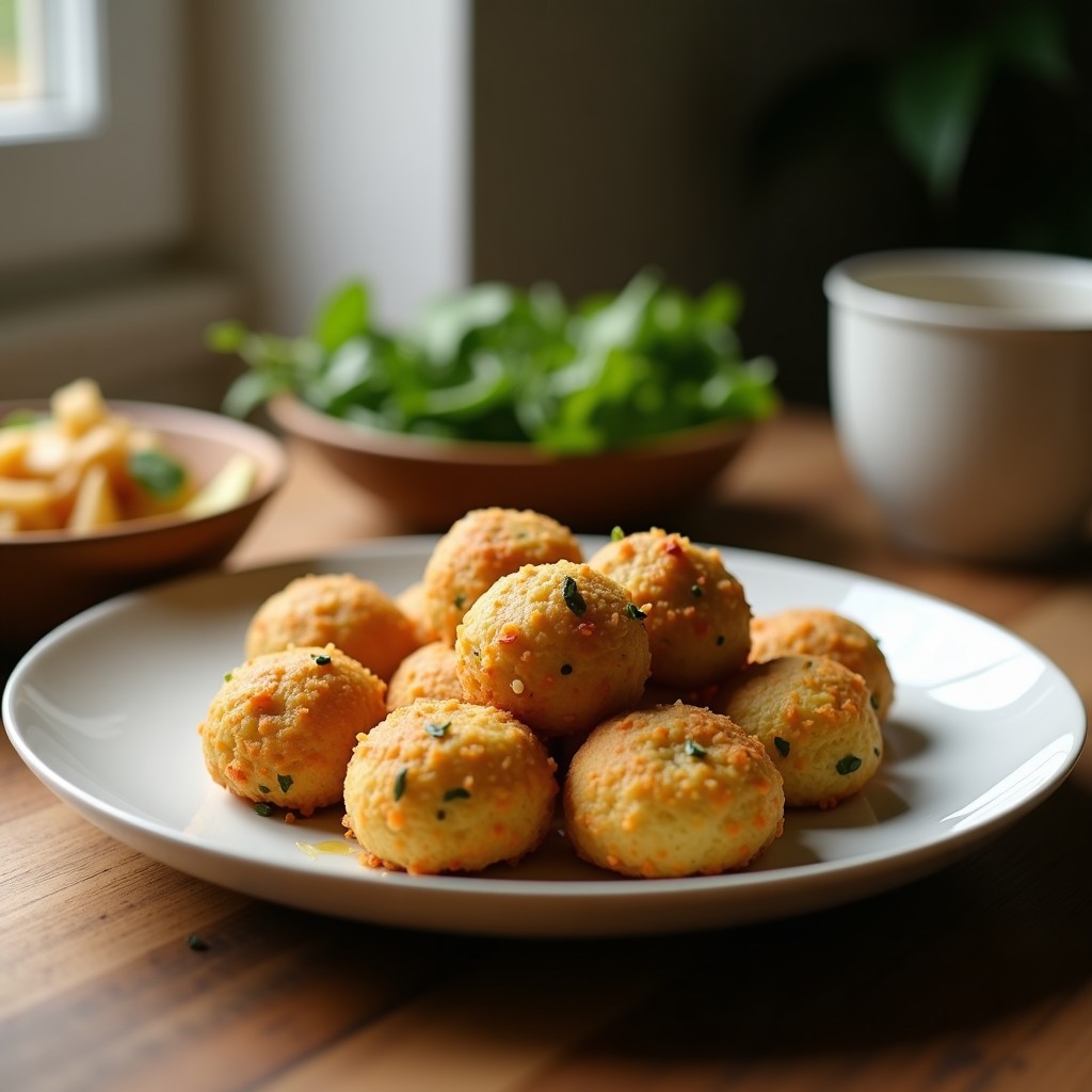 Bolitas de proteína de guisante y coco keto servidas en un plato blanco sobre fondo rústico, con coco rallado espolvoreado y un toque de canela.
