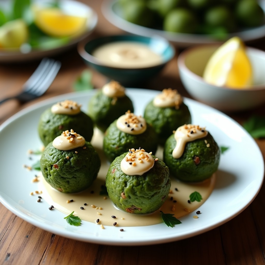 Bolitas verdes esponjosas de proteína de guisante y espinacas dispuestas en un plato blanco con salsa de tahini cremosa y semillas de sésamo espolvoreadas, snack vegano para deportistas.