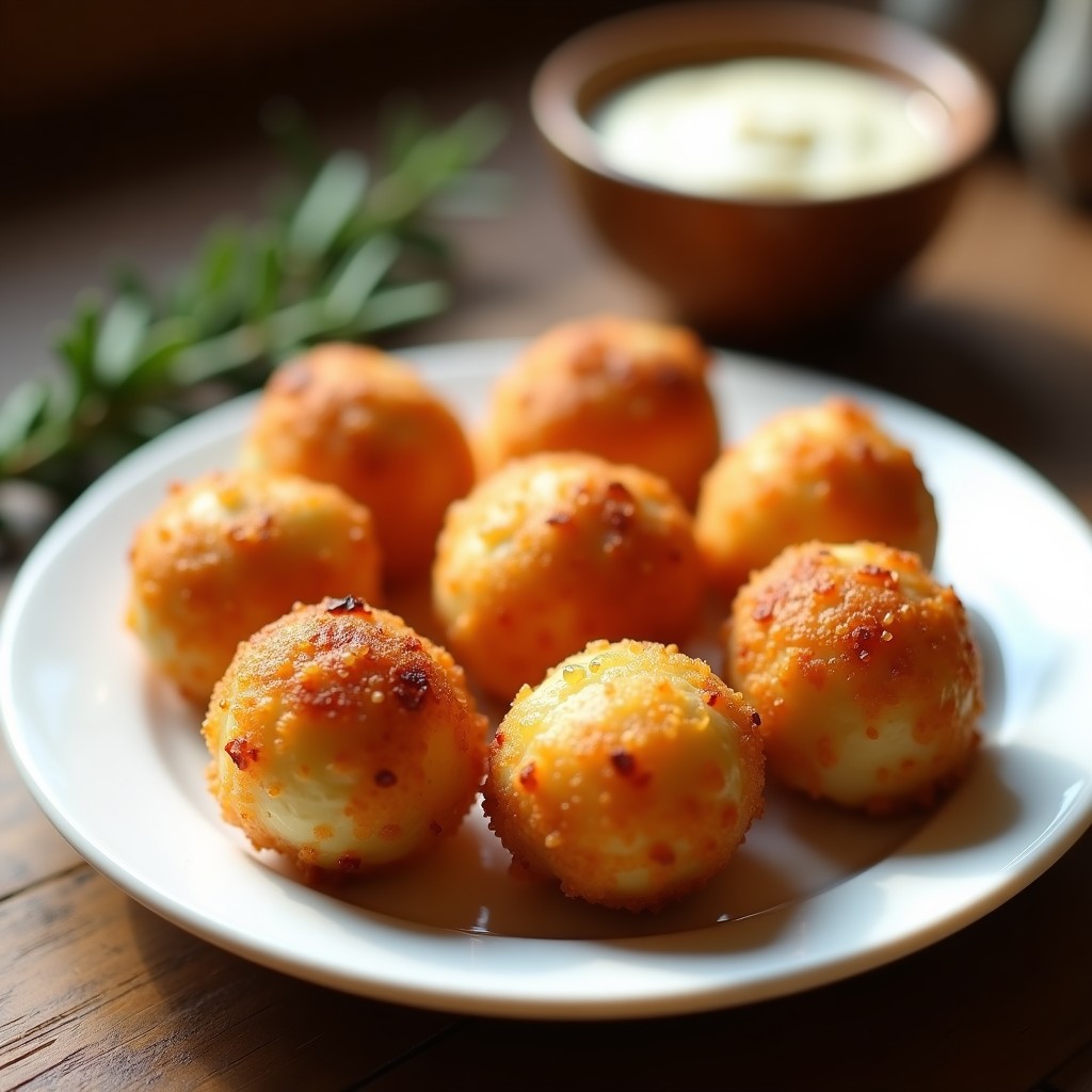 Bolitas doradas y crujientes de queso de almendras y ajo dispuestas en un plato de cerámica blanca, con un fondo de madera rústica y hierbas frescas. Receta sin lácteos y crujiente en airfryer.