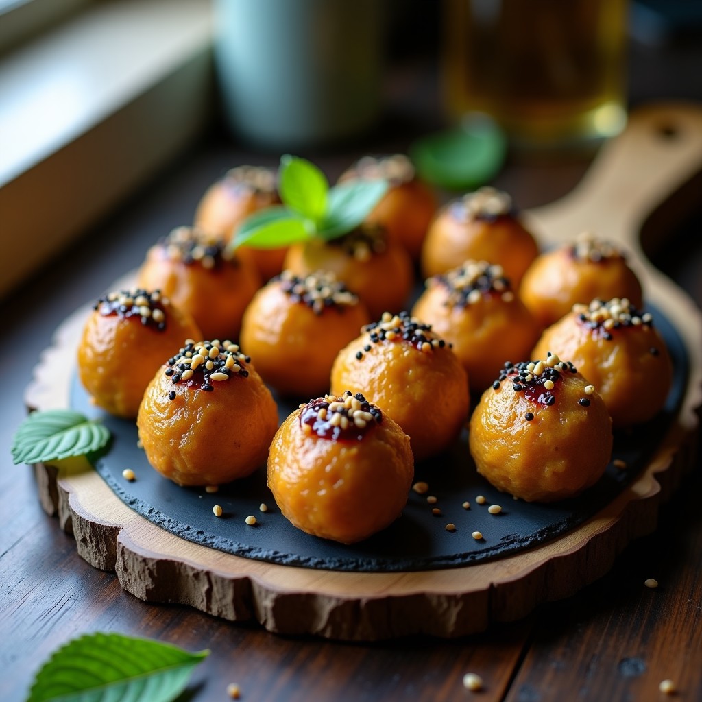 Bolitas de queso de anacardo y almendras con mermelada de higo en bandeja de madera, aperitivo crudivegano decorado con almendras fileteadas.