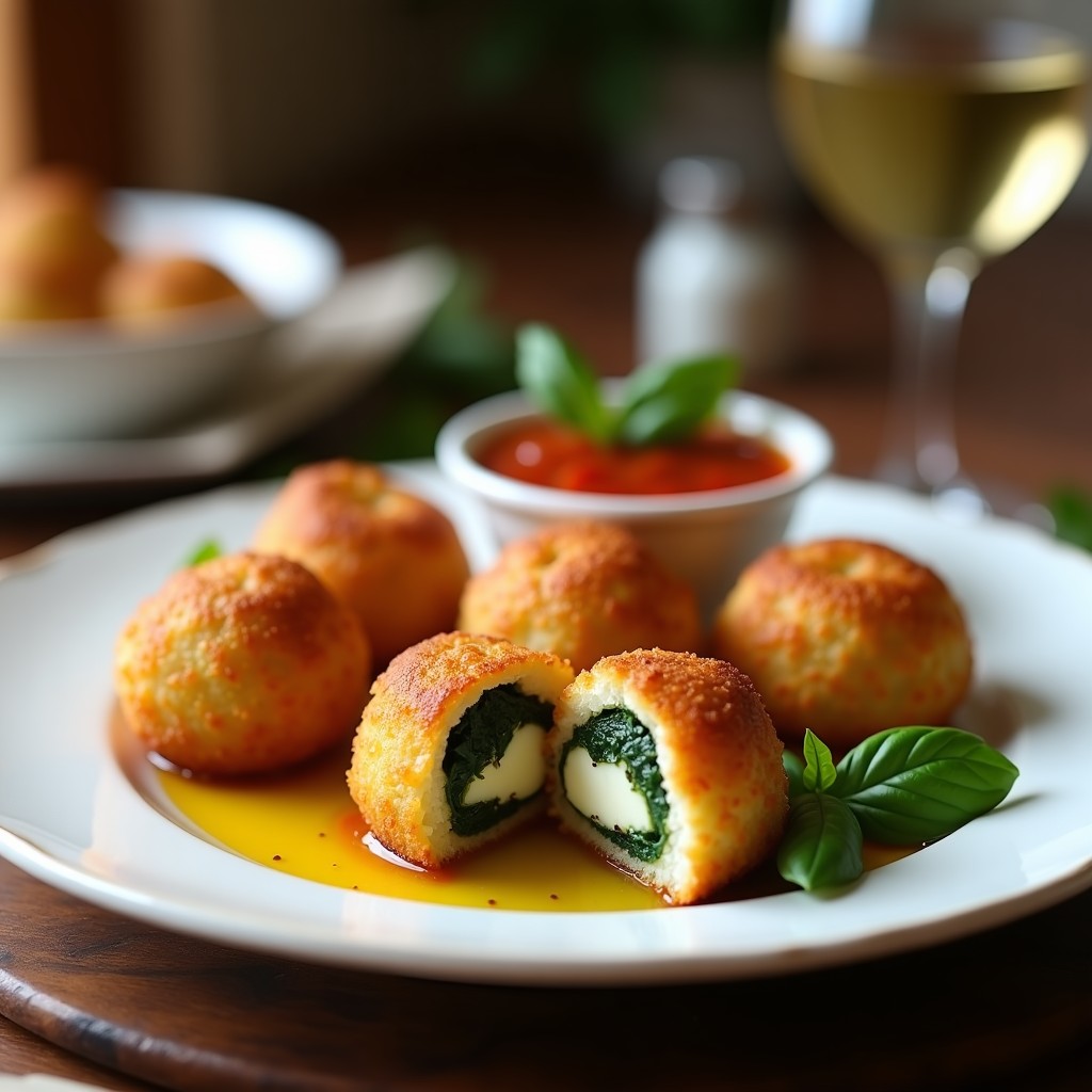 Bolitas doradas de queso búfala y espinacas con textura crujiente, servidas en plato blanco con salsa de tomate seco espesa y albahaca fresca. Aperitivo italiano keto en airfryer con fondo rústico.