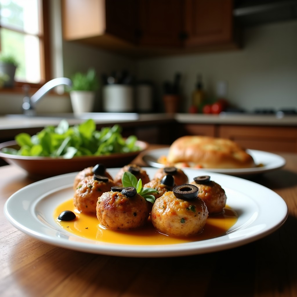 Bolitas redondas y compactas de queso de cabra con trocitos de aceitunas negras kalamata, decoradas con media aceituna en la parte superior. Servidas en una bandeja de madera rústica con hierbas frescas y un chorrito de aceite de oliva al lado. Aperitivo mediterráneo sin horno.