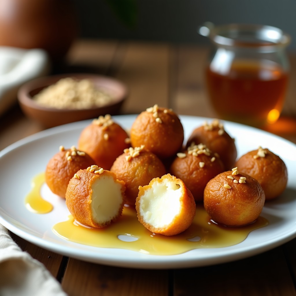 Bolitas doradas y crujientes de queso de cabra rebozadas en semillas de amapola y almendras fileteadas, servidas en plato blanco con hilo de miel de acacia y pimentón espolvoreado. Aperitivo húngaro gourmet preparado en Airfryer.