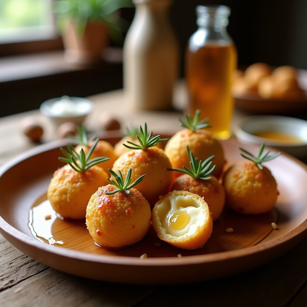 Bolitas doradas y crujientes de queso de cabra y nueces horneadas, bañadas en miel de romero y decoradas con nueces picadas, servidas en una bandeja rústica de madera con hojas de romero al fondo.