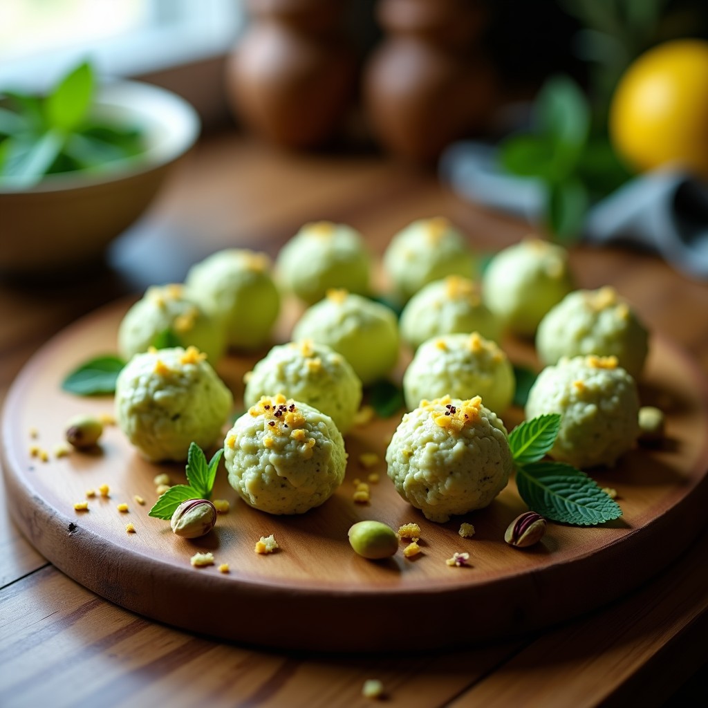Bolitas de queso de cabra y pistacho keto dispuestas en bandeja de madera rústica, con pistachos triturados por encima y hojas de menta como decoración. Aperitivo sin cocción alto en proteína.