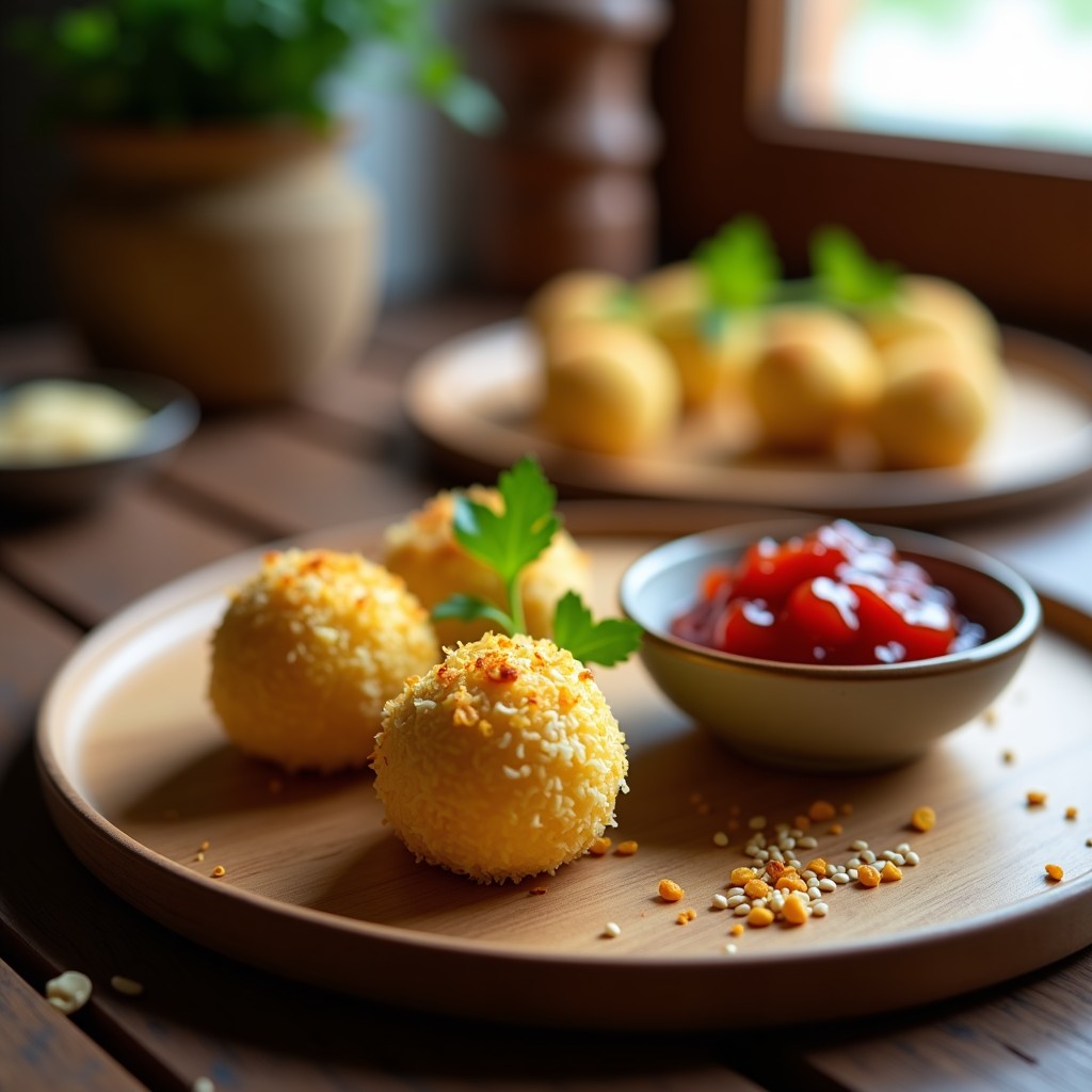 Bolitas doradas de queso de caju y azafrán rebozadas en coco rallado, dispuestas en una bandeja de madera con un bol pequeño de mermelada de tomate rojiza al lado. Aperitivo vegano y sin lactosa con textura cremosa y crujiente.