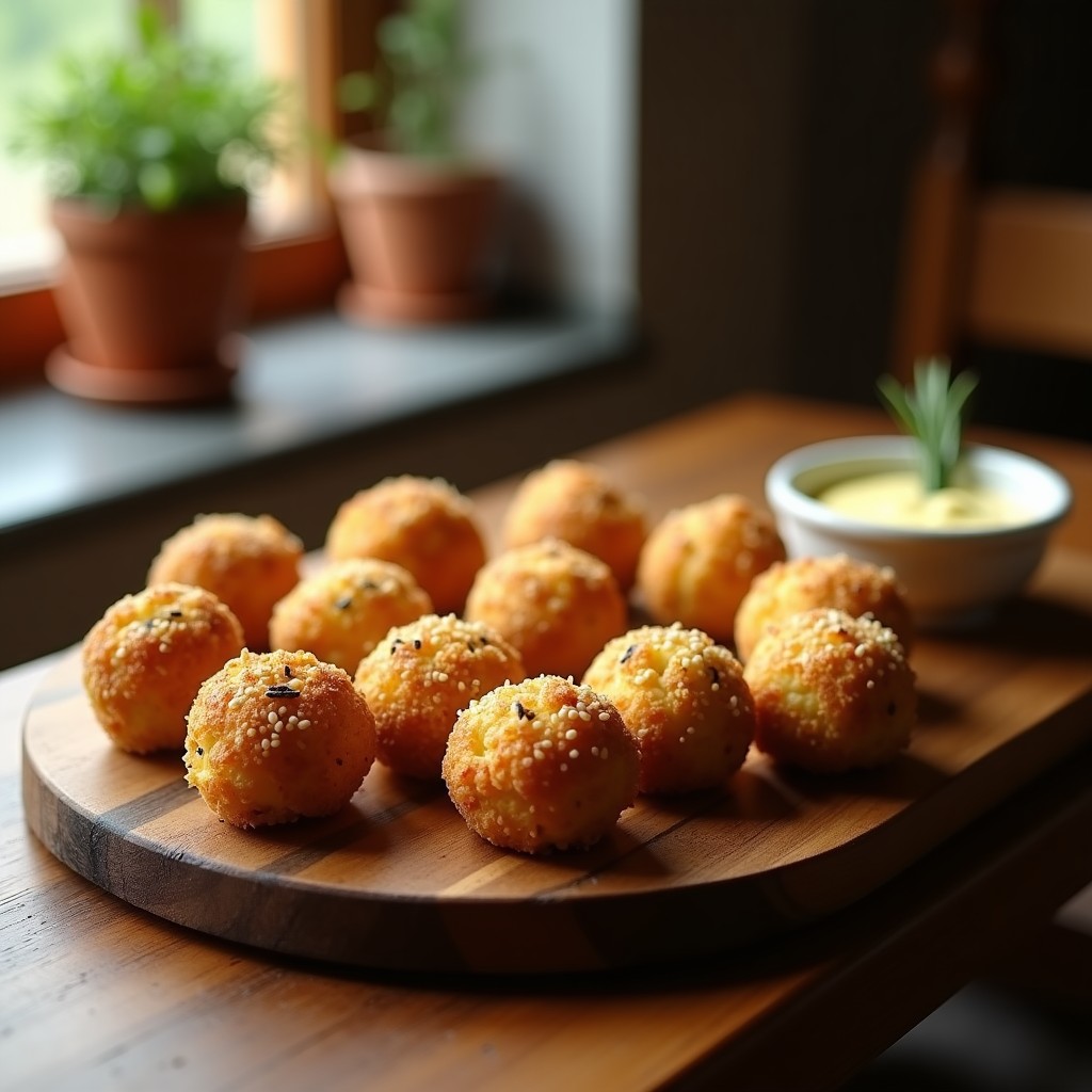 Bolitas doradas y crujientes de queso de castaña con romero fresco, servidas en bandeja de madera con salsa de yogur de soja al lado. Aperitivo sin lactosa al horno.