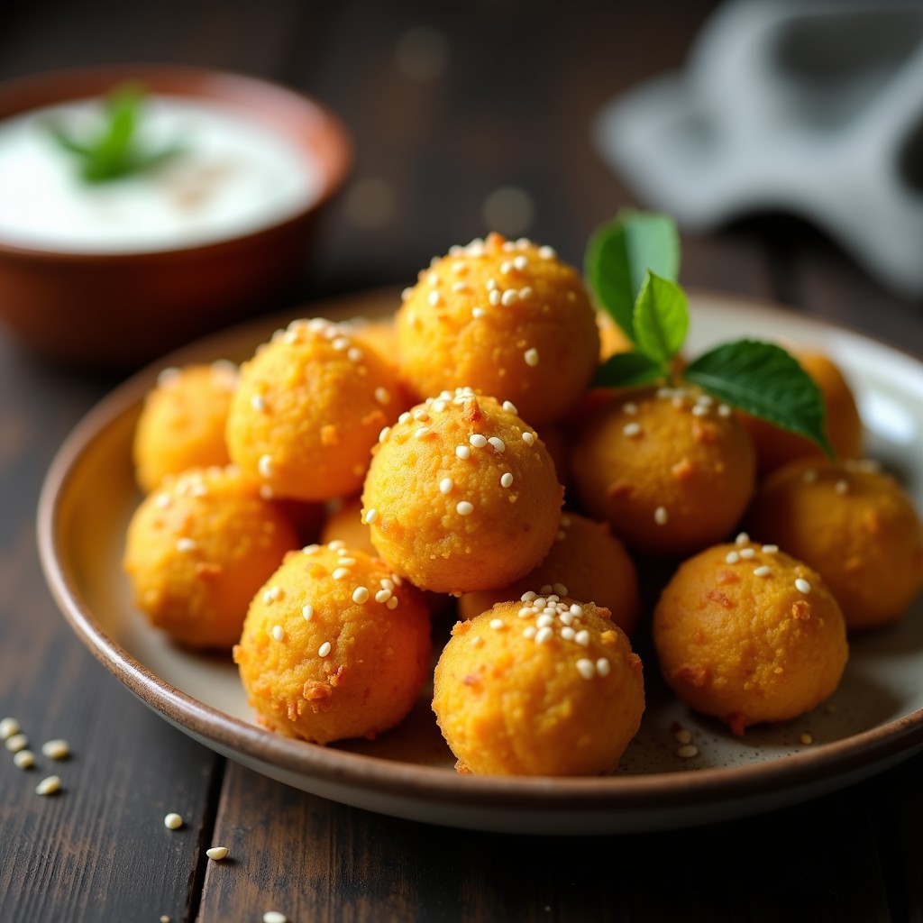 Bolitas doradas y crujientes de queso de cúrcuma cubiertas de semillas de sésamo, servidas en un plato blanco con salsa de yogur de soja al lado, receta de aperitivo sin lactosa en airfryer.