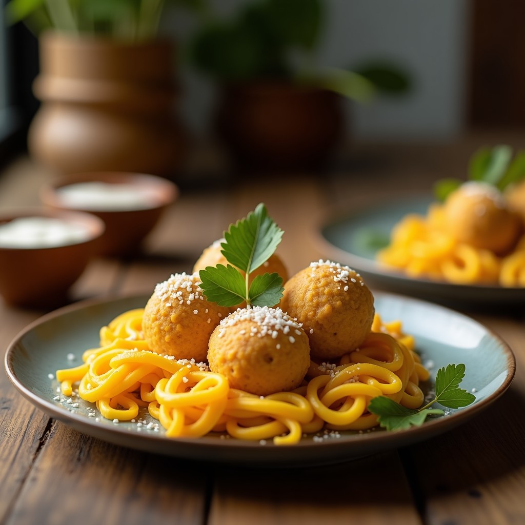 Bolitas doradas de queso de cúrcuma y coco rallado dispuestas en un plato blanco sobre fondo rústico de madera, con un toque de cúrcuma en polvo espolvoreada alrededor. Snack keto y sin lactosa listo en 10 minutos.