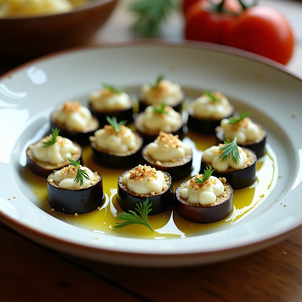 Bolitas de queso feta y hierbas aromáticas envueltas en fina lámina de berenjena, decoradas con semillas de sésamo tostado y un hilo de aceite de oliva sobre plato blanco rústico, aperitivo griego sin horno.