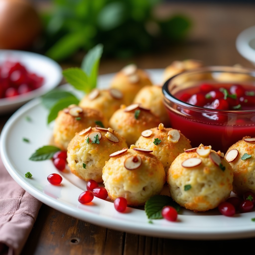 Bolitas doradas de queso feta y hierbas cubiertas de almendras fileteadas, servidas en bandeja blanca con salsa de granado vibrante y semillas rojas, entrante griego elegante y fresco.