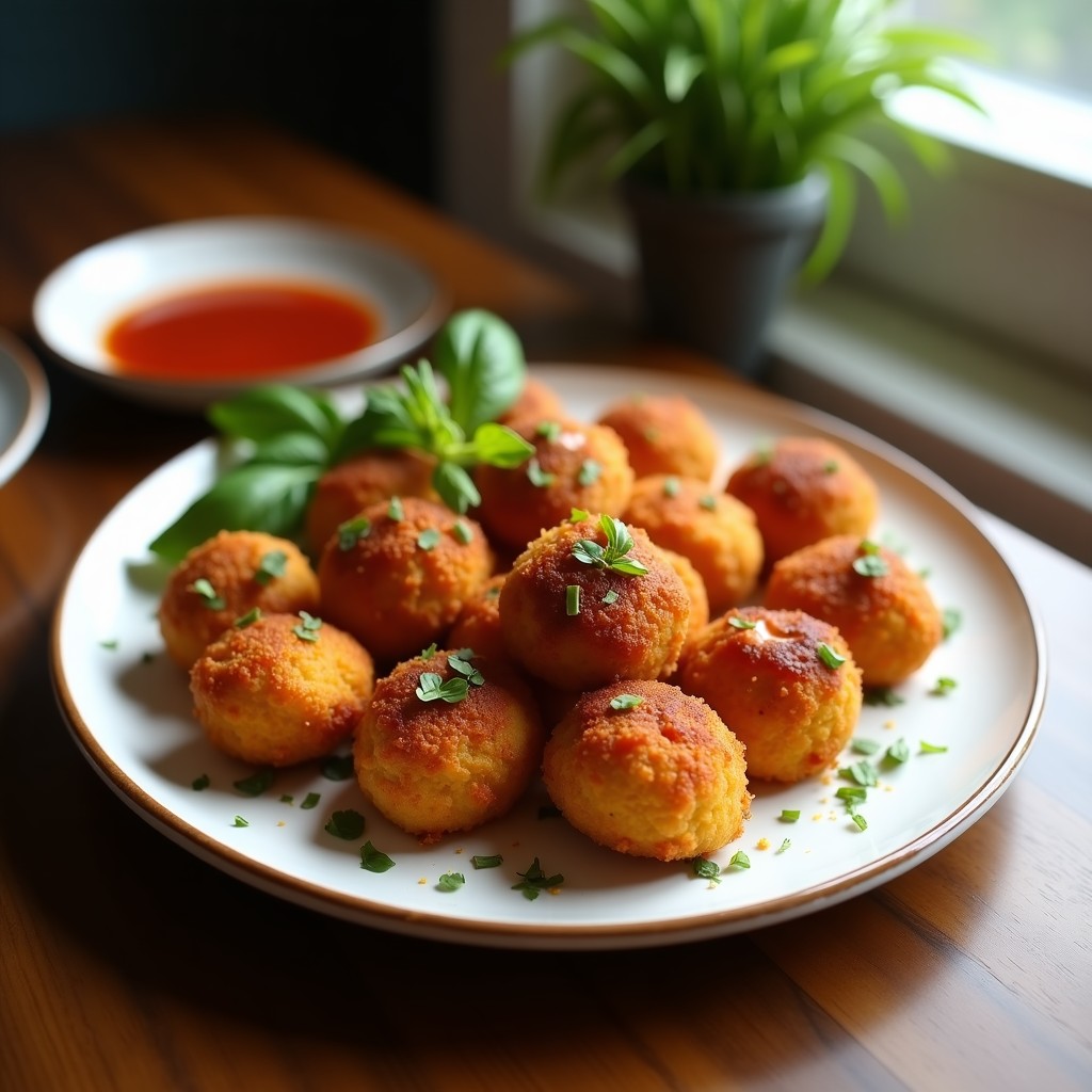 Bolitas doradas y crujientes de queso feta y tomates secos servidas en un plato de cerámica blanca, con semillas de sésamo visibles en la superficie. Acompañadas de una salsa de yogur y hierbas frescas en un pequeño cuenco al lado, sobre un fondo rústico de madera con tomates secos y hojas de albahaca dispersos.