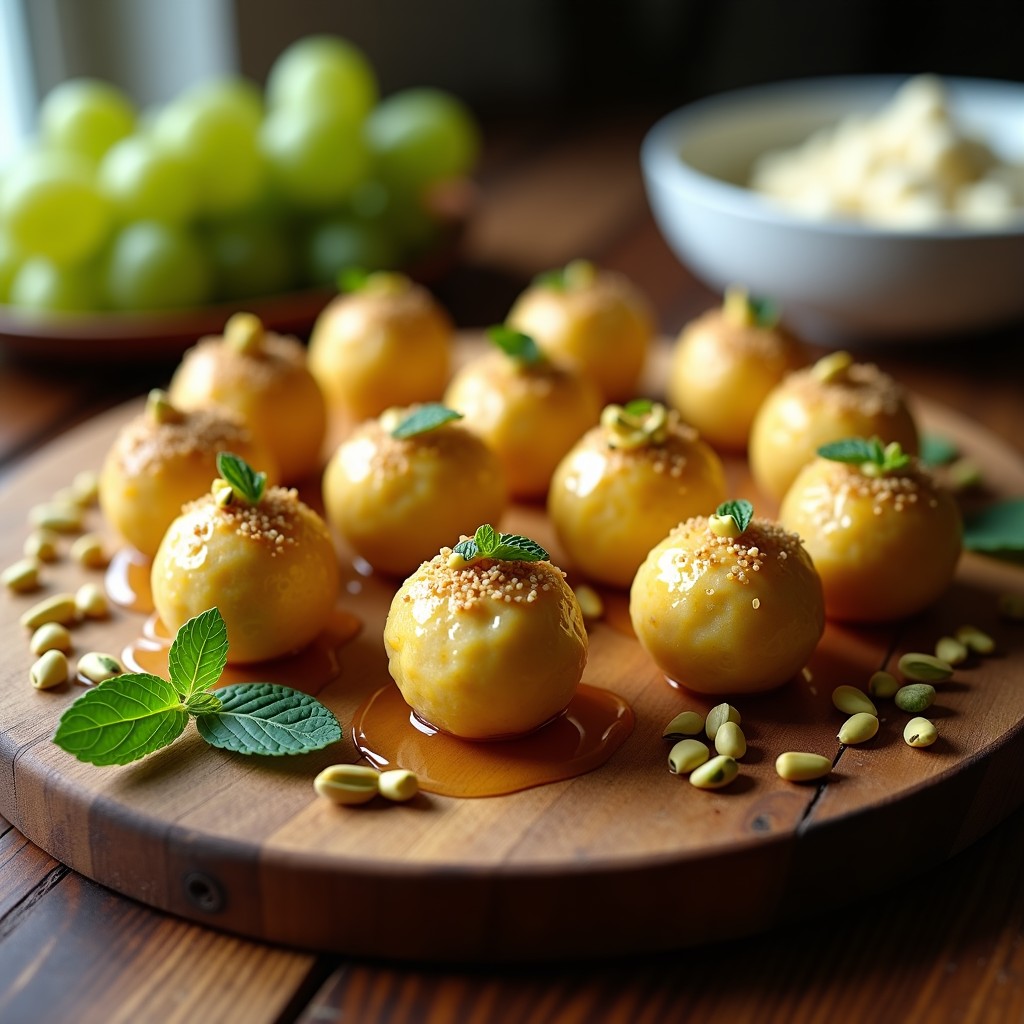 Bolitas de Queso Feta y Uva con Reducción de Miel y Pistacho: Aperitivo Griego en 15 Minutos