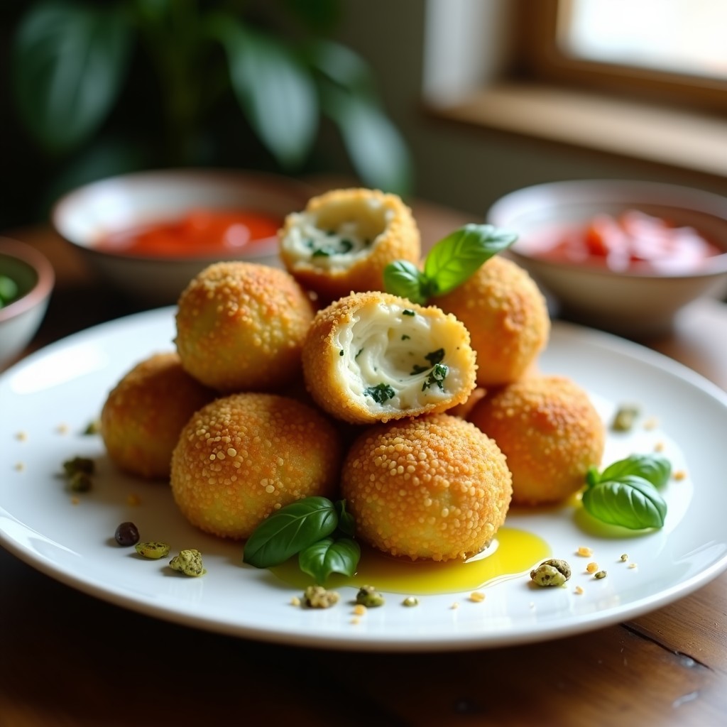 Bolitas doradas y crujientes de queso vegano y albahaca en airfryer, servidas en un plato blanco con salsa de tomate y hojas de albahaca fresca como decoración.