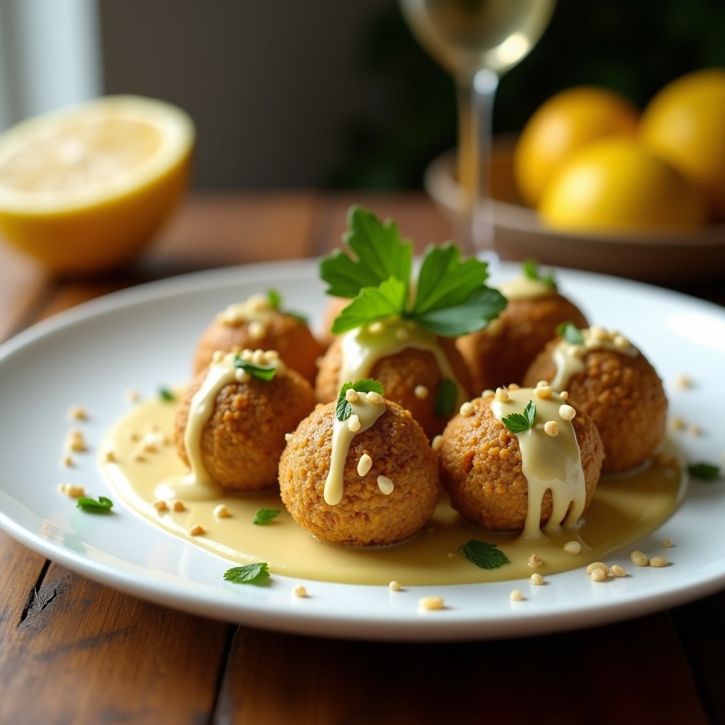 Bolitas doradas de quinoa y alcachofa con textura crujiente, servidas en un plato blanco con salsa de tahini cremosa y rodajas de limón al lado. Aperitivo sin gluten y alto en fibra.