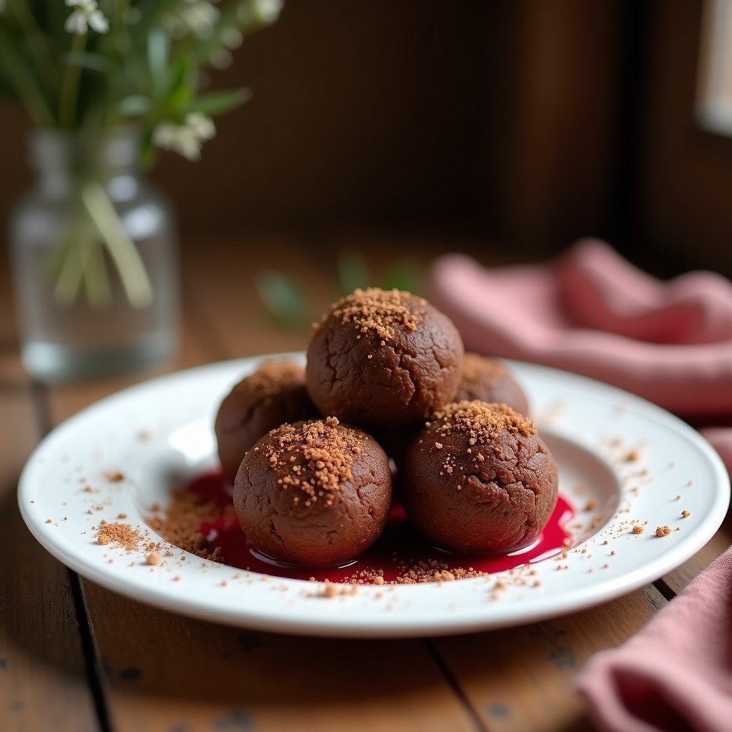 Bolitas de quinoa y chocolate con esencia de rosa, postre proteico sin horno, servidas en plato blanco con pétalos de rosa y coco rallado.