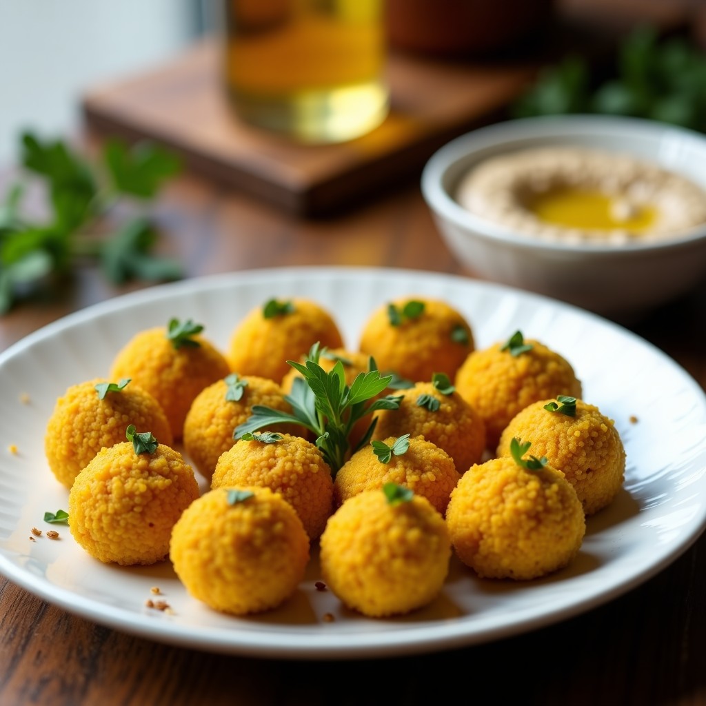 Plato blanco con bolitas de quinoa y cúrcuma doradas, decoradas con perejil fresco, acompañadas de un bol pequeño con salsa de tahini cremosa. Receta de aperitivo dialéctico sin horno.