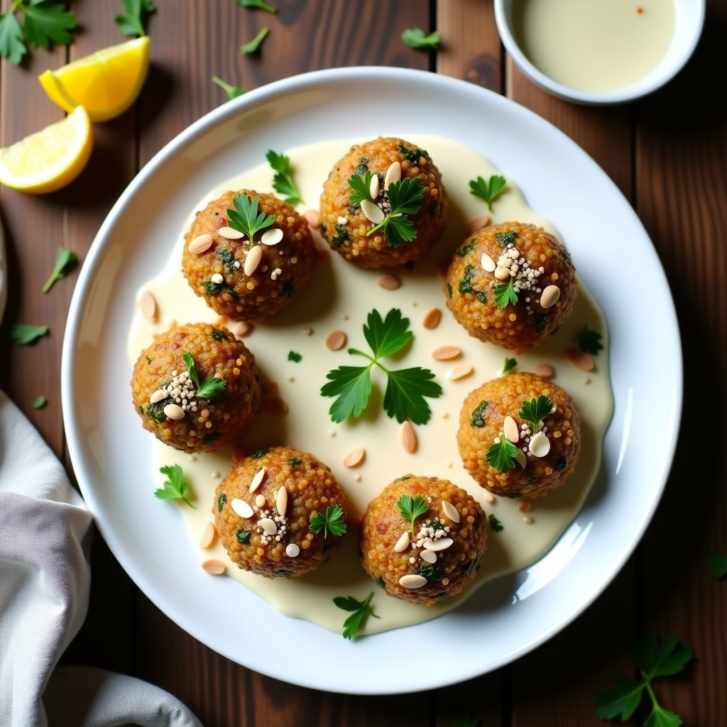 Plato blanco con bolitas doradas de quinoa y espinacas, decoradas con salsa cremosa de yoqui y hojas de cilantro fresco, aperitivo colombiano sin horno.