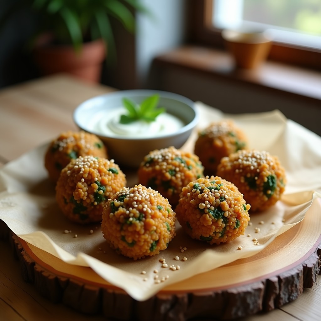 Bolitas doradas y crujientes de quinoa y espinacas sobre un plato blanco rústico, acompañadas de una salsa cremosa y semillas de sésamo. Aperitivo vegano y sin gluten hecho en airfryer.