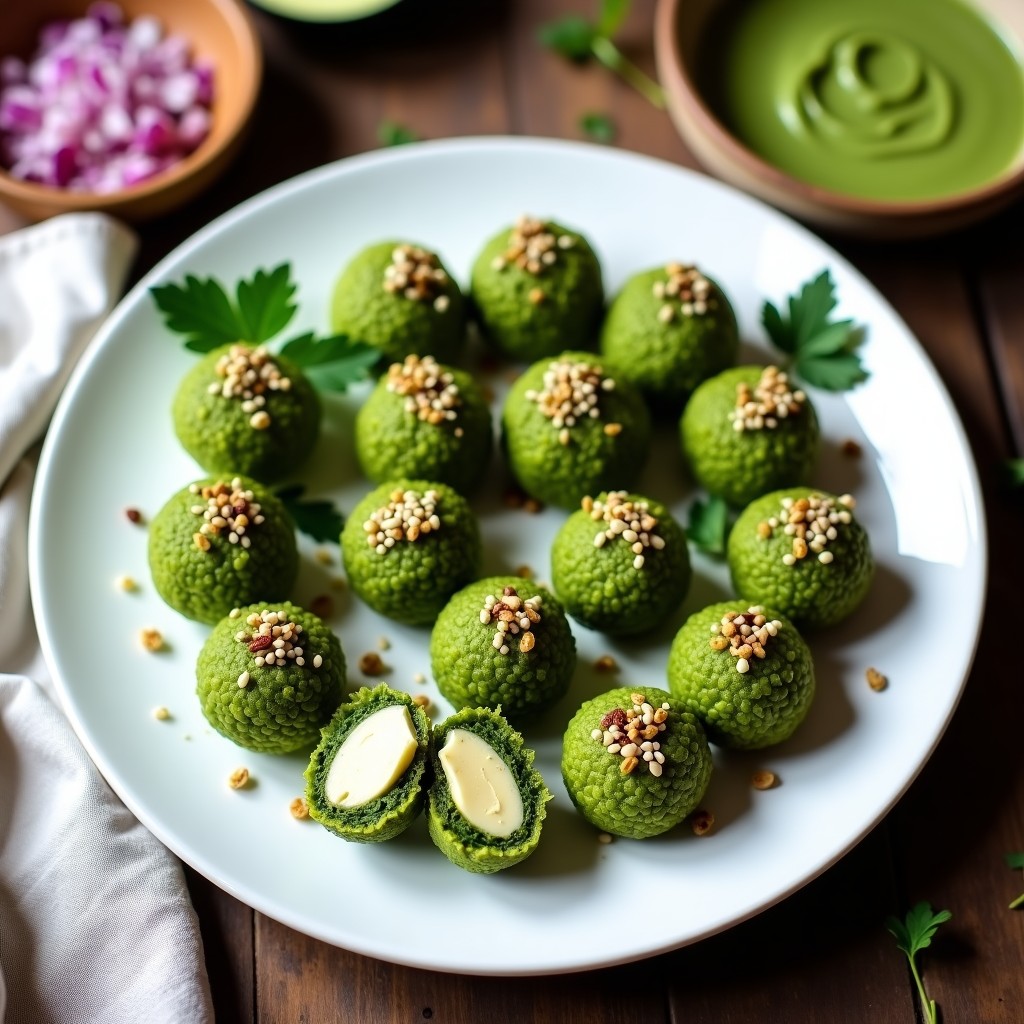 Plato blanco con bolitas de quinoa y espirulina de color verde intenso, rellenas de hummus cremoso, decoradas con semillas de sésamo, cebolla morada picada y perejil fresco. Aperitivo crudivegano alto en proteína.