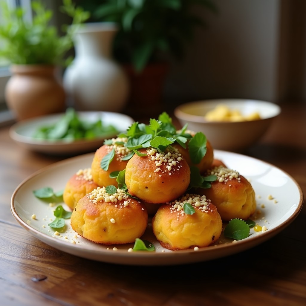 Bolitas de quinoa y queso feta con hierbas frescas servidas en bandeja de madera, rebozadas en semillas de sésamo doradas, acompañadas de hojas de menta y rodajas de limón, aperitivo mediterráneo sin cocinar.