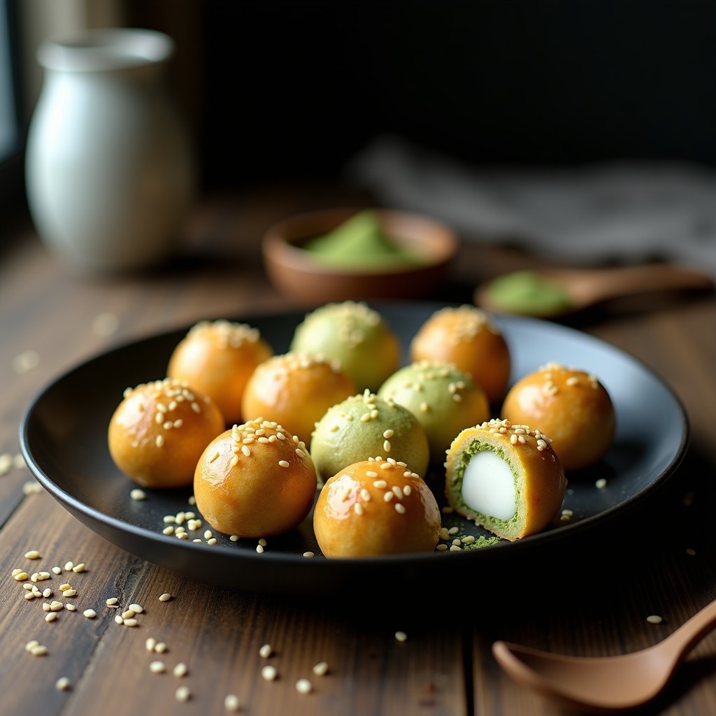 Bolitas redondas de color verde claro y dorado, cubiertas de semillas de sésamo tostado, con un interior cremoso de miso. Postre japonés sin azúcar sobre plato de cerámica negra con detalles minimalistas.