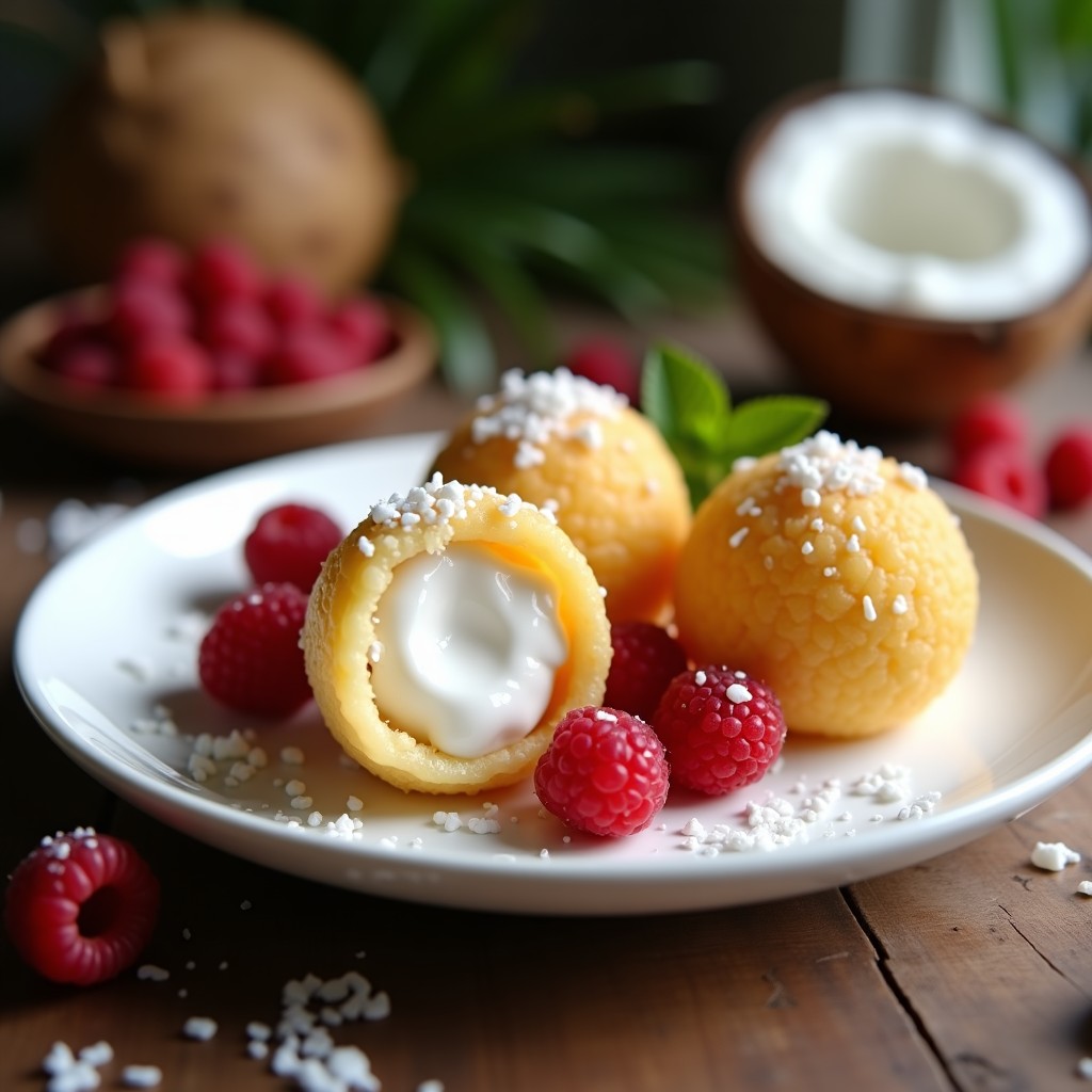 Bolitas de tapioca doradas rellenas de crema de coco y frambuesas, espolvoreadas con coco rallado, servidas en plato blanco con frambuesas frescas y hilo de sirop de agave.