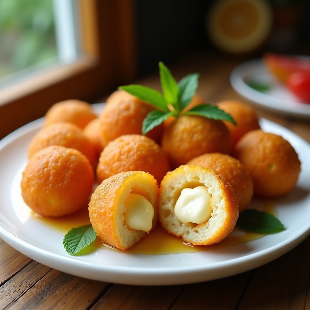 Bolitas doradas y crujientes de tapioca rellenas de queso crema y guayaba, servidas en un plato blanco con hojas de menta. Receta brasileña en airfryer.
