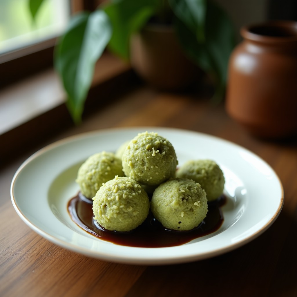Bolitas de té verde matcha y coco rallado con chips de chocolate negro 100% dispuestos en bandeja de madera, postre japonés sin azúcar, keto y vegano, con textura cremosa y color verde vibrante.