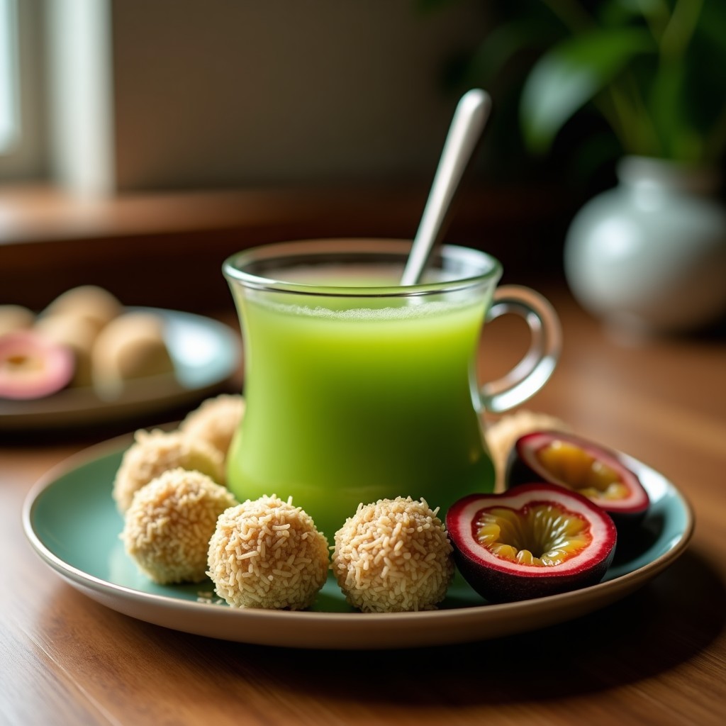 Bolitas de Té Verde y Coco Rallado con Relleno de Maracuyá: Postre Japonés-Brasileño