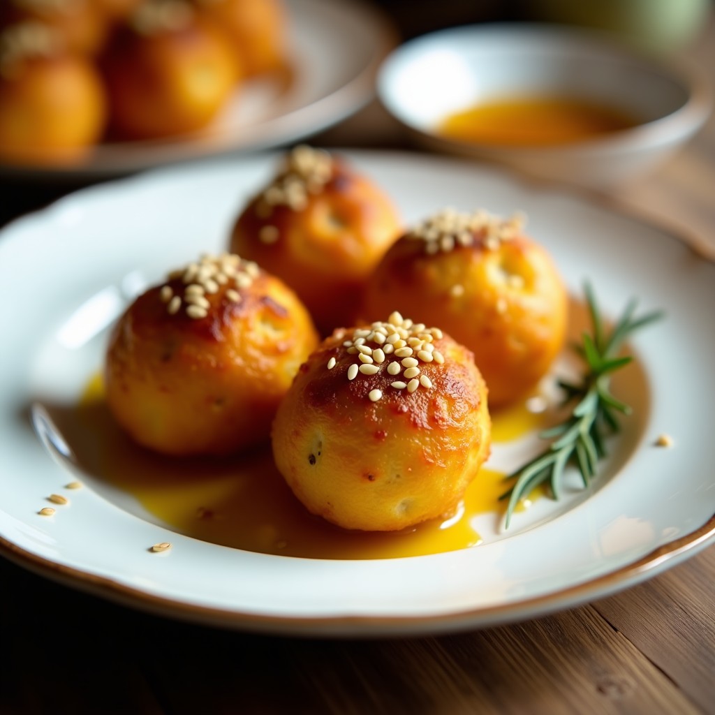 Bolitas doradas de zapallo y queso de cabra al horno con miel, almendras fileteadas y romero fresco, servidas en bandeja de madera rústica, aperitivo argentino gourmet.