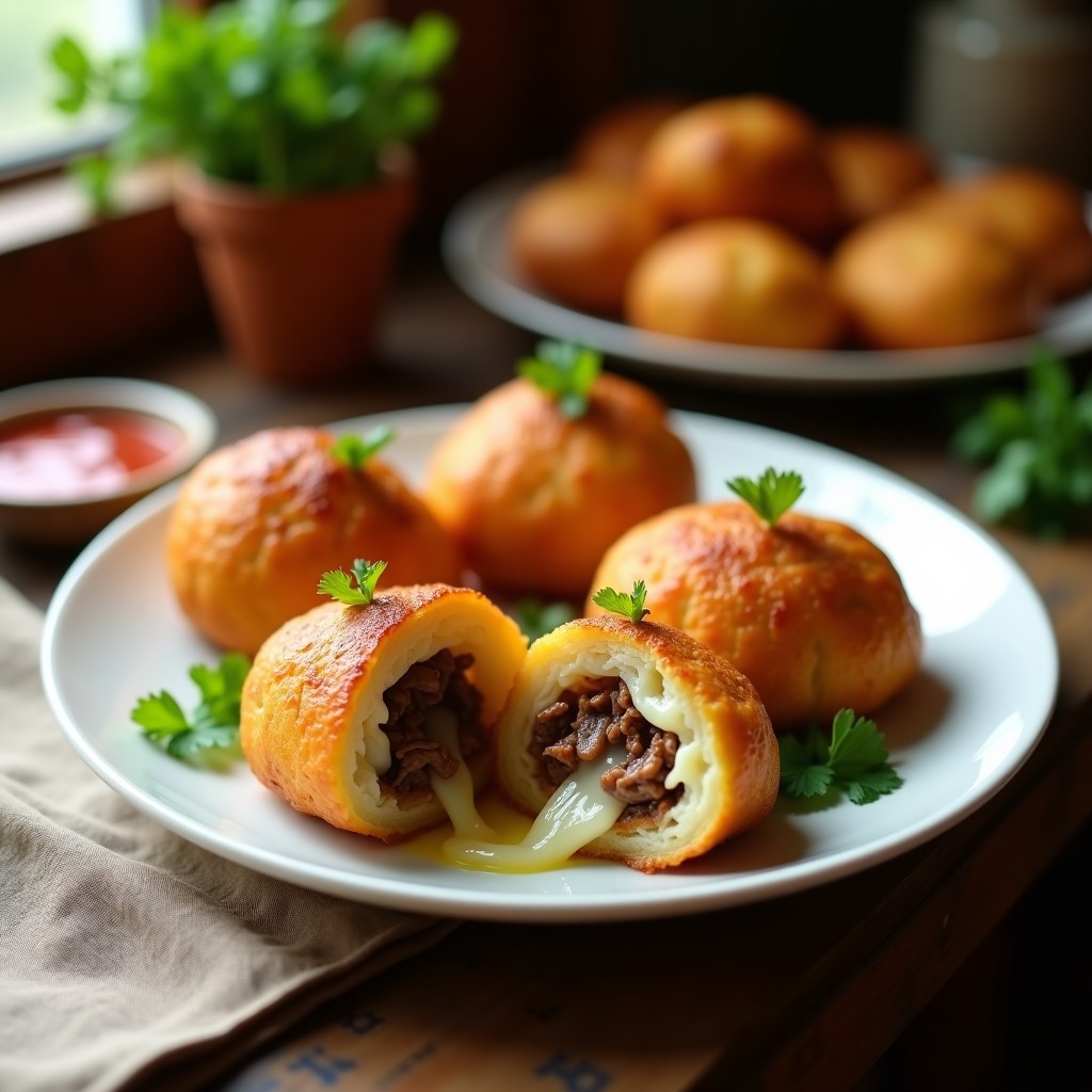 Bollenos de yuca dorados y crujientes rellenos de carne mechada y queso mozzarella derretido, servidos en un plato blanco con cilantro fresco y salsa de tomate al lado, receta venezolana en airfryer.