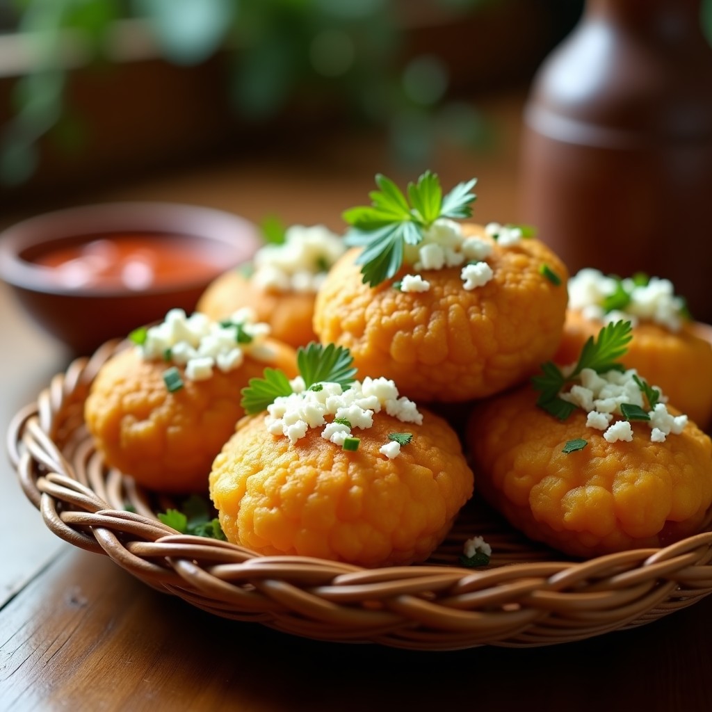 Bollitos de maíz dorados y esponjosos rellenos de carne mechada colombiana, servidos en una canasta de mimbre con queso fresco desmenuzado y cilantro fresco. Receta tradicional en airfryer sin aceite.