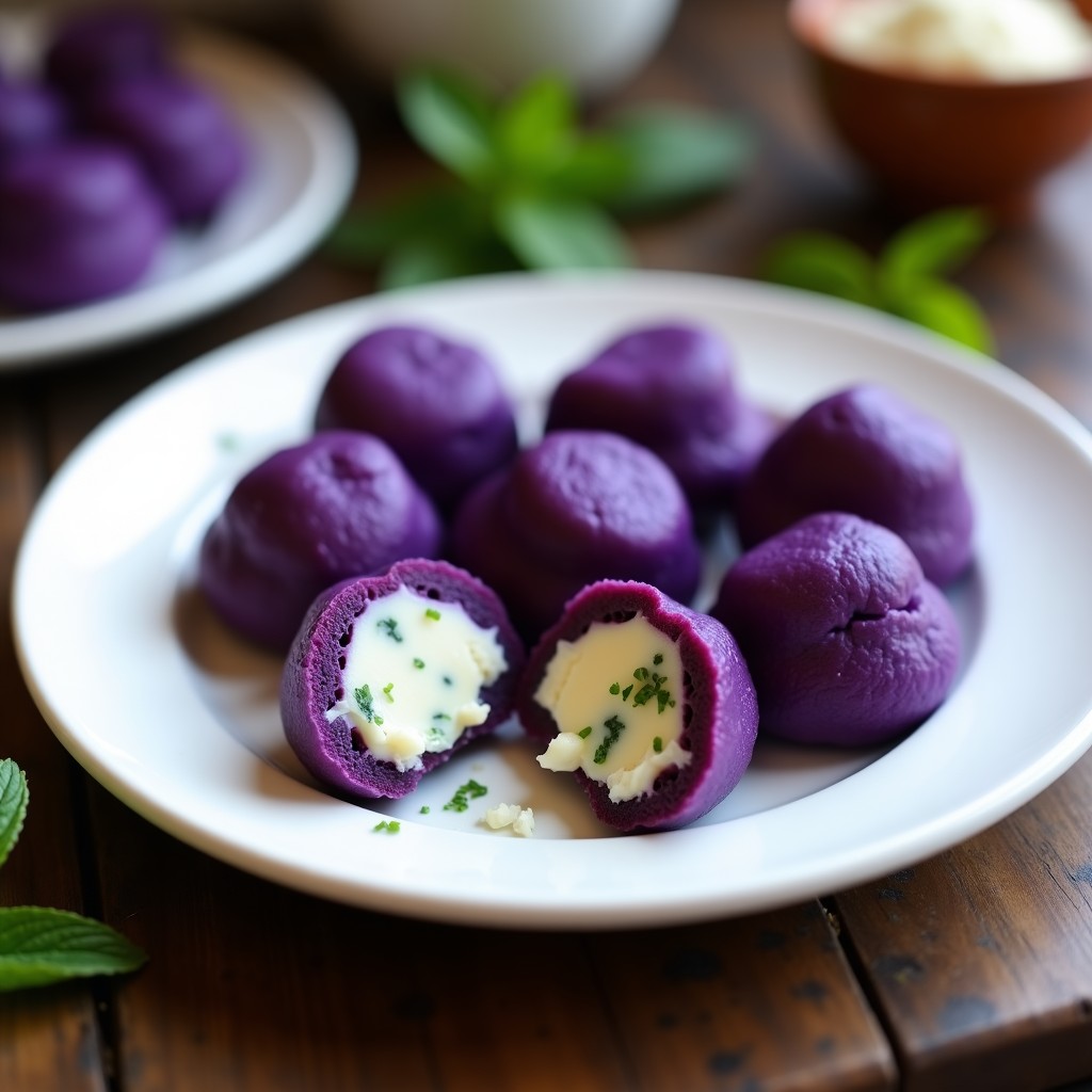 Bollitos de maíz morado rellenos de queso fresco y hierbabuena, postre peruano sin horno, dispuestos en un plato de cerámica blanca con hojas de hierbabuena fresca como decoración.