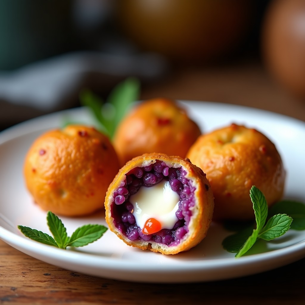 Bollitos de maíz morado dorados y crujientes en airfryer, rellenos de queso derretido y rocoto, servidos en un plato de cerámica blanca con hojas de huacatay como decoración. Receta peruana tradicional con textura esponjosa por dentro y color vibrante.