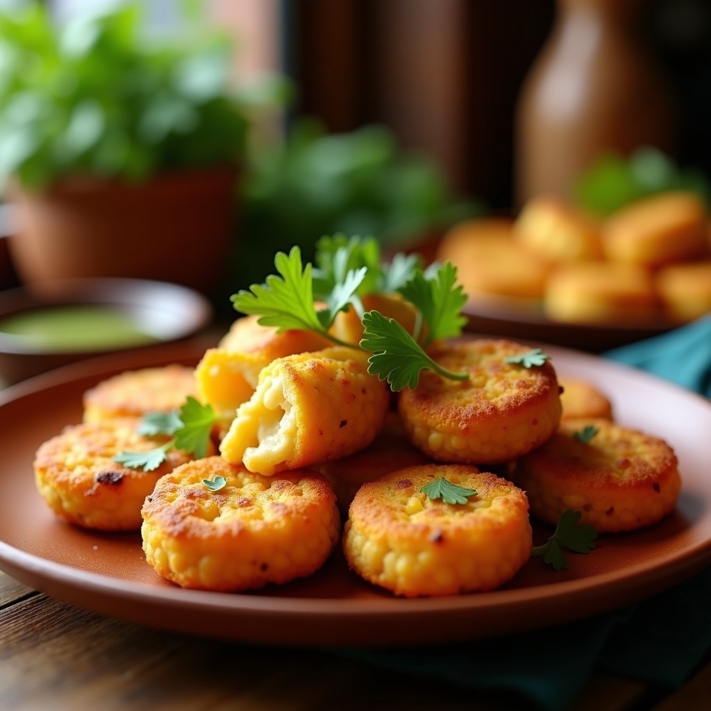 Bollitos dorados y crujientes de maíz y queso con chile chipotle, servidos en un plato de barro rústico con hojas de cilantro fresco y una salsa verde al lado, receta mexicana en airfryer sin aceite.