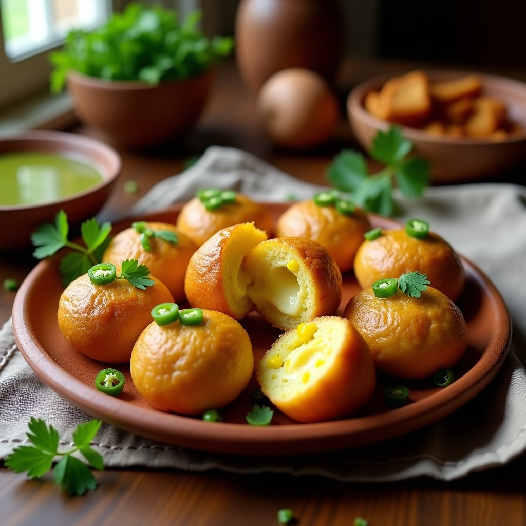 Bollitos de maíz dorados y esponjosos rellenos de queso Oaxaca derretido y jalapeños verdes, servidos en un plato de barro rústico con cilantro fresco y salsa verde al lado, receta mexicana en Thermomix.