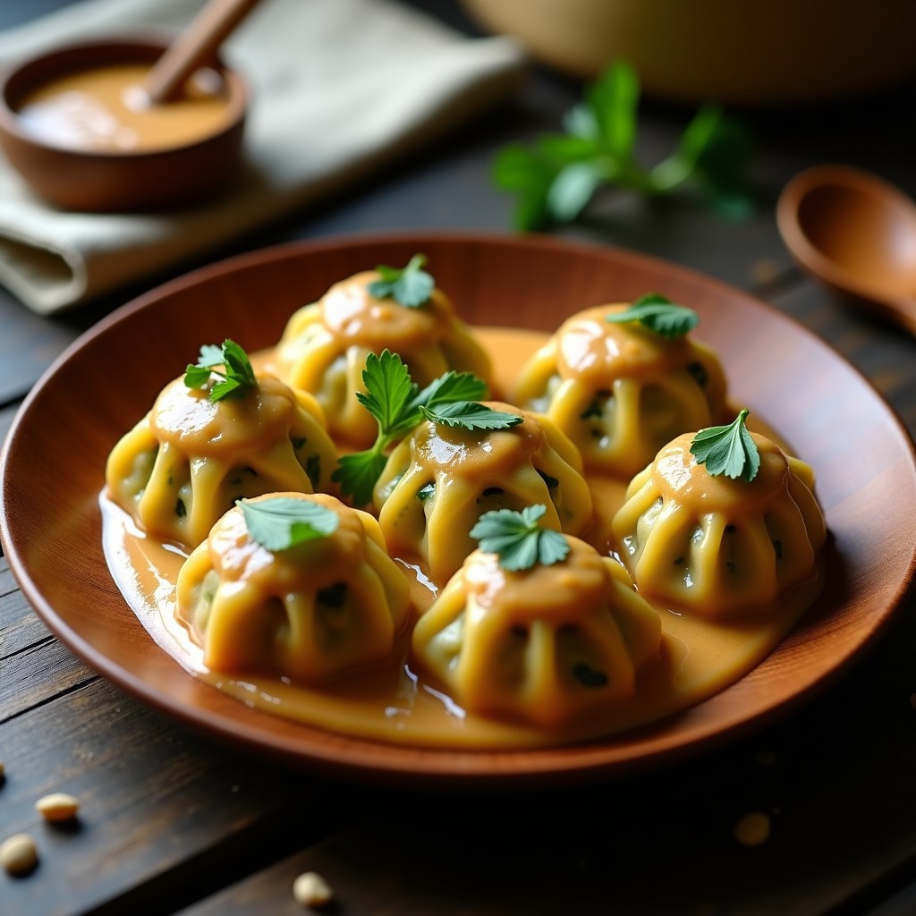Bollitos de ñame morado y espinacas al vapor dispuestos en un plato de bambú, bañados con salsa de arachis cremosa y decorados con cacahuetes tostados y cilantro fresco. Plato colorido y vibrante con tonos morados, verdes y marrones, típico de la cocina africana.