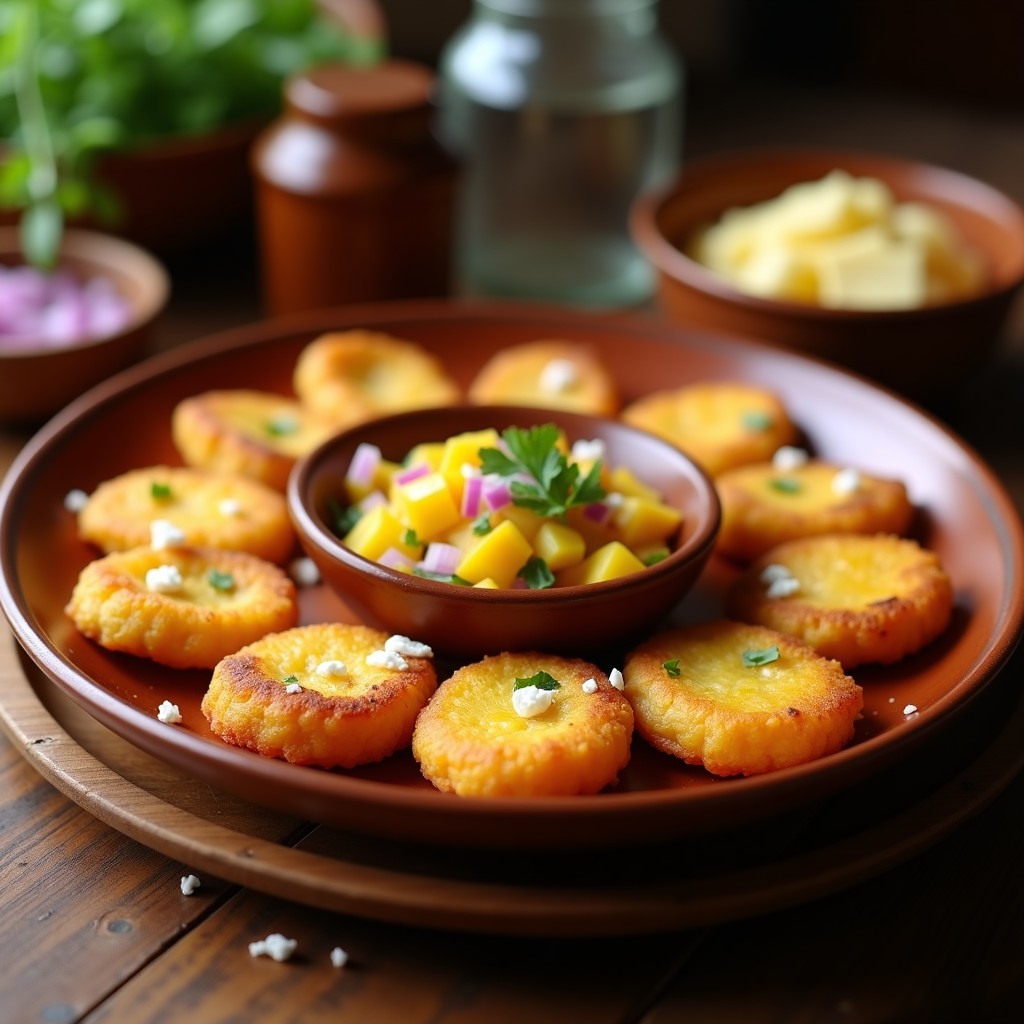 Bollitos dorados y crujientes de plátano macho y queso fresco servidos en un plato blanco rústico, acompañados de una vibrante salsa de mango fresca con trozos de cebolla morada y cilantro. Receta colombiana en airfryer sin freír.