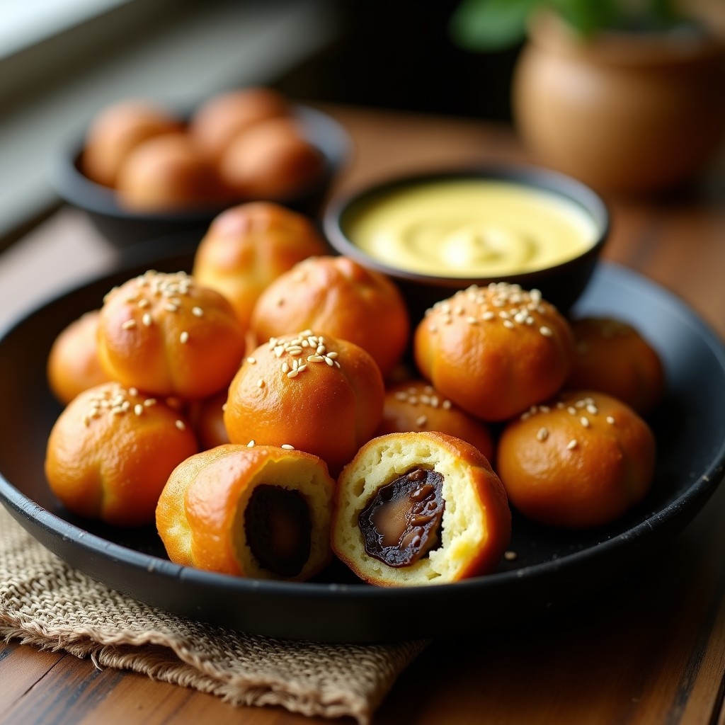 Bollitos dorados de yuca rellenos de hongos portobello, servidos en un plato de cerámica negra con semillas de sésamo espolvoreadas y una salsa cremosa al lado. Receta peruana sin gluten en airfryer.