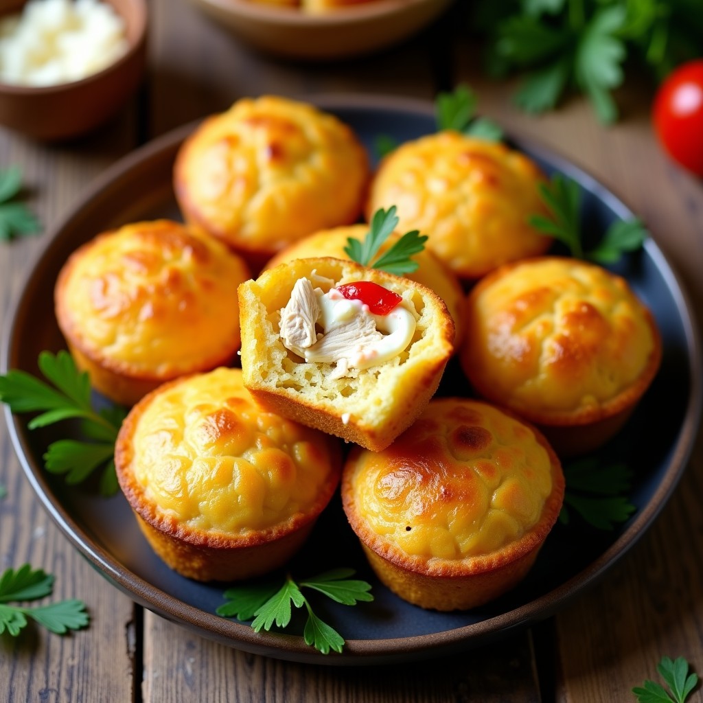Bollos dorados de maíz recién horneados con relleno visible de pollo desmenuzado y queso crema, servidos en molde para muffins. Receta argentina de tupper lista en 25 minutos.