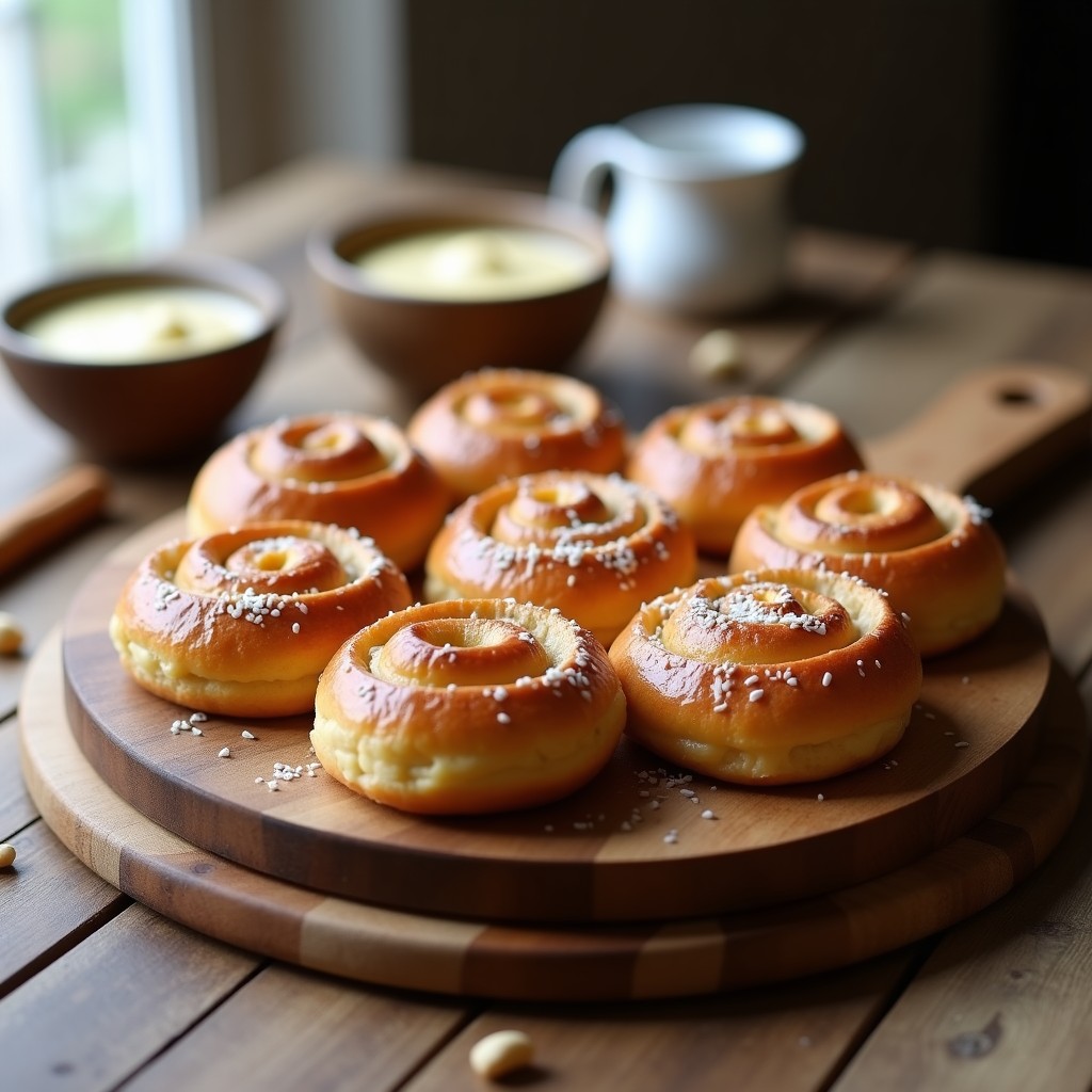 Bollos de canela suecos sin gluten rellenos de crema de anacardos, dorados y esponjosos, con cortes en espiral y espolvoreados de coco rallado sobre una tabla de madera rústica.