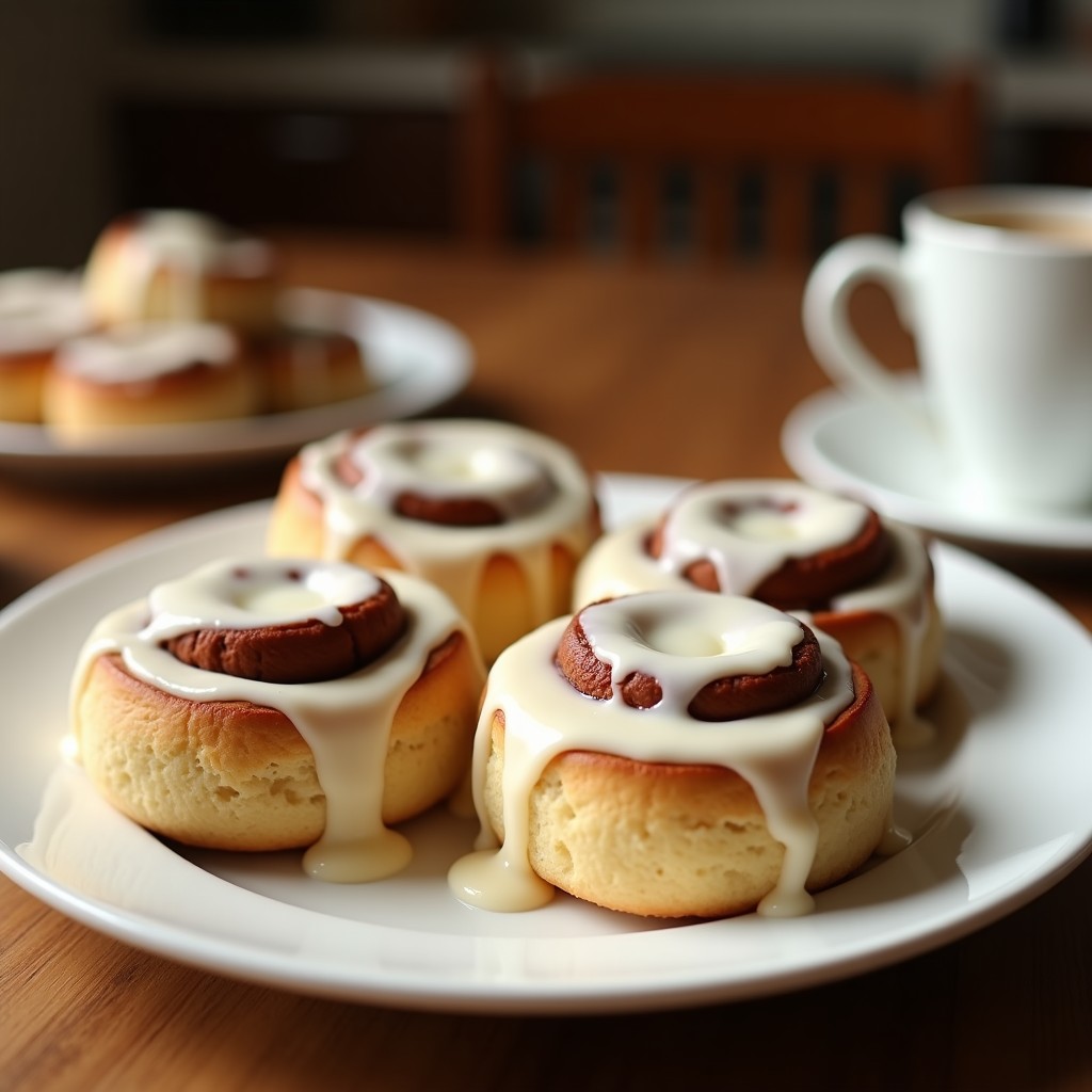 Bollos de canela suecos dorados en moldes individuales, con glaseado blanco de queso crema y espolvoreados de canela en polvo, servidos sobre una bandeja de madera rústica con nueces picadas al lado. Receta en Airfryer sin freír.
