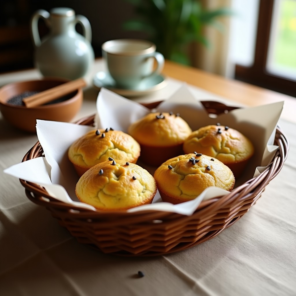 Bollos dorados de canela y plátano macho keto sin azúcar, esponjosos y con semillas de chía, servidos en una canasta de mimbre sobre un mantel rústico. Receta colombiana tradicional adaptada a dieta cetogénica.
