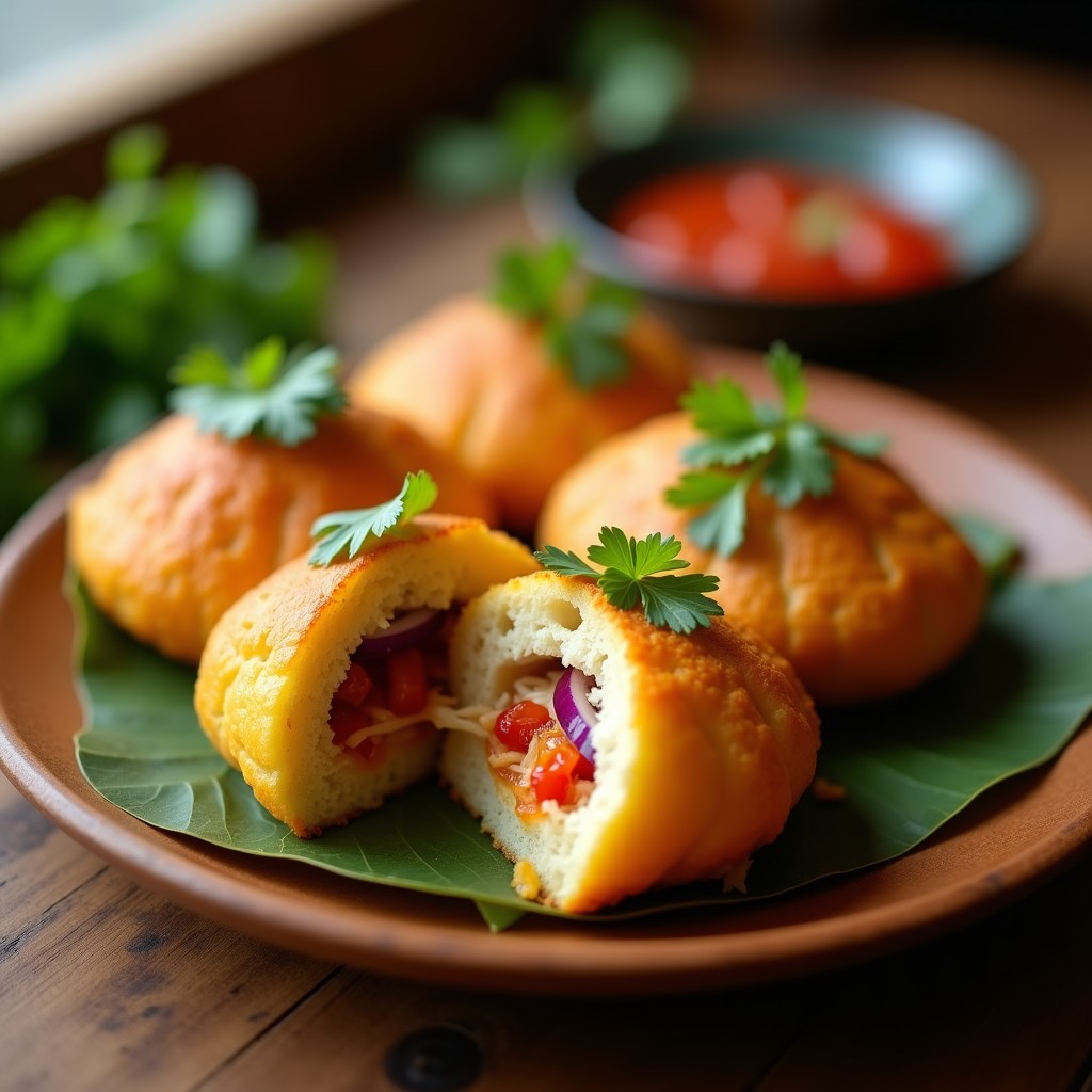 Bollos de canoa venezolanos dorados y crujientes rellenos de bacalao desmenuzado, servidos en un plato de madera con salsa de ají dulce y rodajas de aguacate, cocinados en Airfryer.