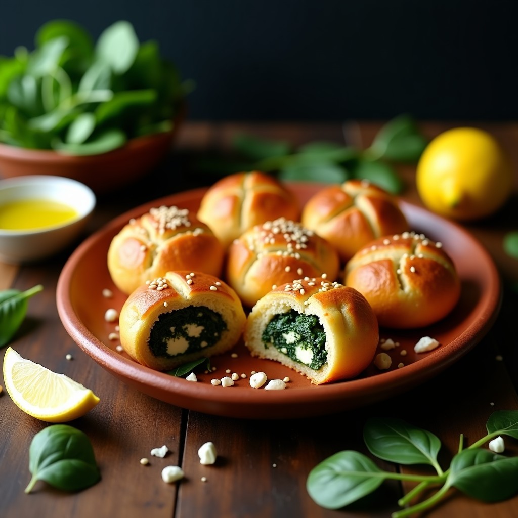 Bollos dorados y crujientes de harina de garbanzo rellenos de espinacas y queso feta, servidos en una bandeja de madera con sésamo espolvoreado y hierbas frescas, receta griega en airfryer.
