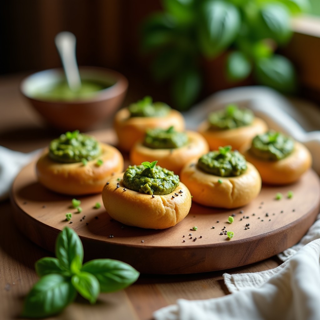 Bollos dorados de harina de teff rellenos de pesto de albahaca verde, aperitivo etíope vegano y sin gluten, servidos en una bandeja de madera con semillas de sésamo.