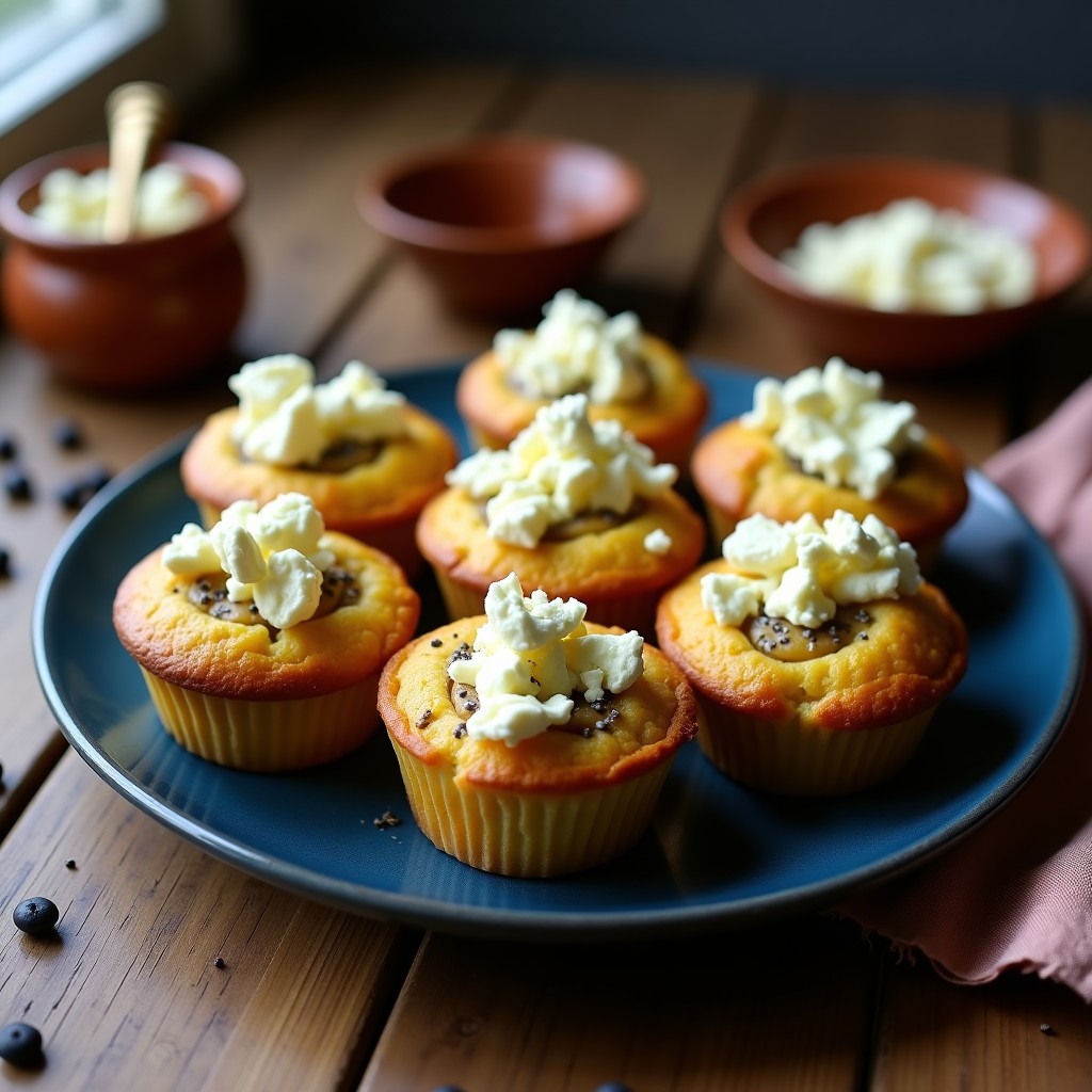 Bollos de maíz azul recién horneados en molde para muffins, con queso de cabra desmenuzado derritiéndose y un hilo dorado de miel de aguacate. Textura esponjosa y color azul intenso, servidos sobre un plato de barro rústico con fondo de cocina mexicana tradicional.