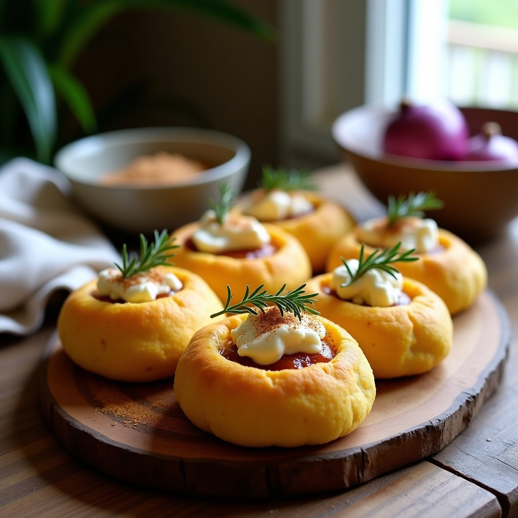 Bollos dorados de maíz fermentado rellenos de queso feta derretido, servidos en una bandeja de madera con hierbas frescas y especias etíopes al fondo. Receta de desayuno etíope en airfryer.
